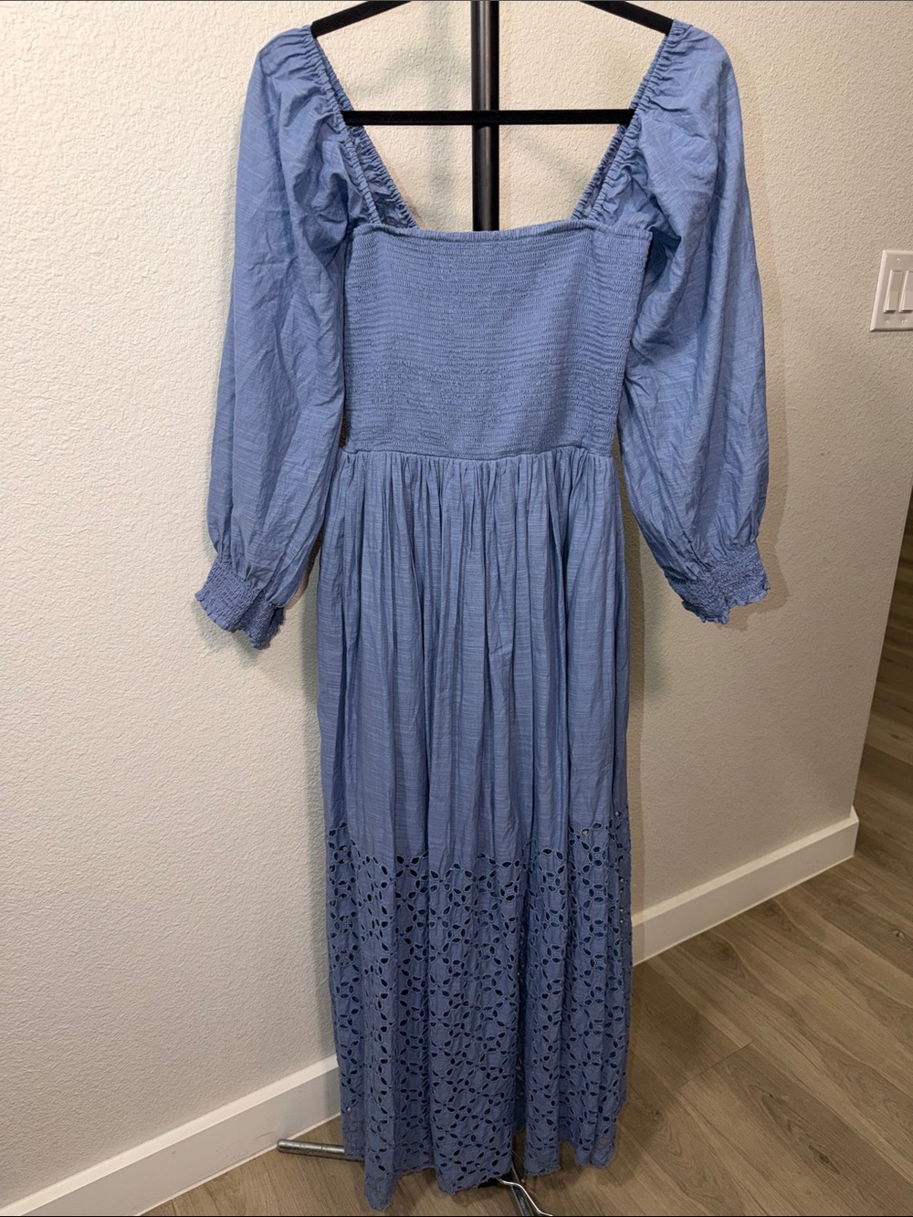Free People perfect storm size S Blue Smocked Maxi Dress with Eyelet Hem - Picture 7 of 12